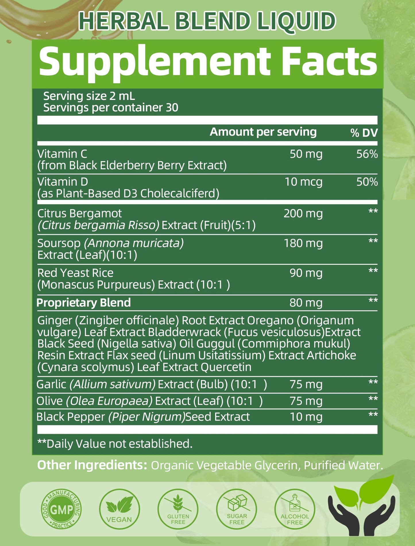 Citrus Bergamot Liquid Drops – High Absorption (2 Fl Oz) with Soursop, Garlic, Olive Leaf & Red Yeast Rice