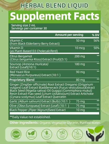 Citrus Bergamot Liquid Drops – High Absorption (2 Fl Oz) with Soursop, Garlic, Olive Leaf & Red Yeast Rice