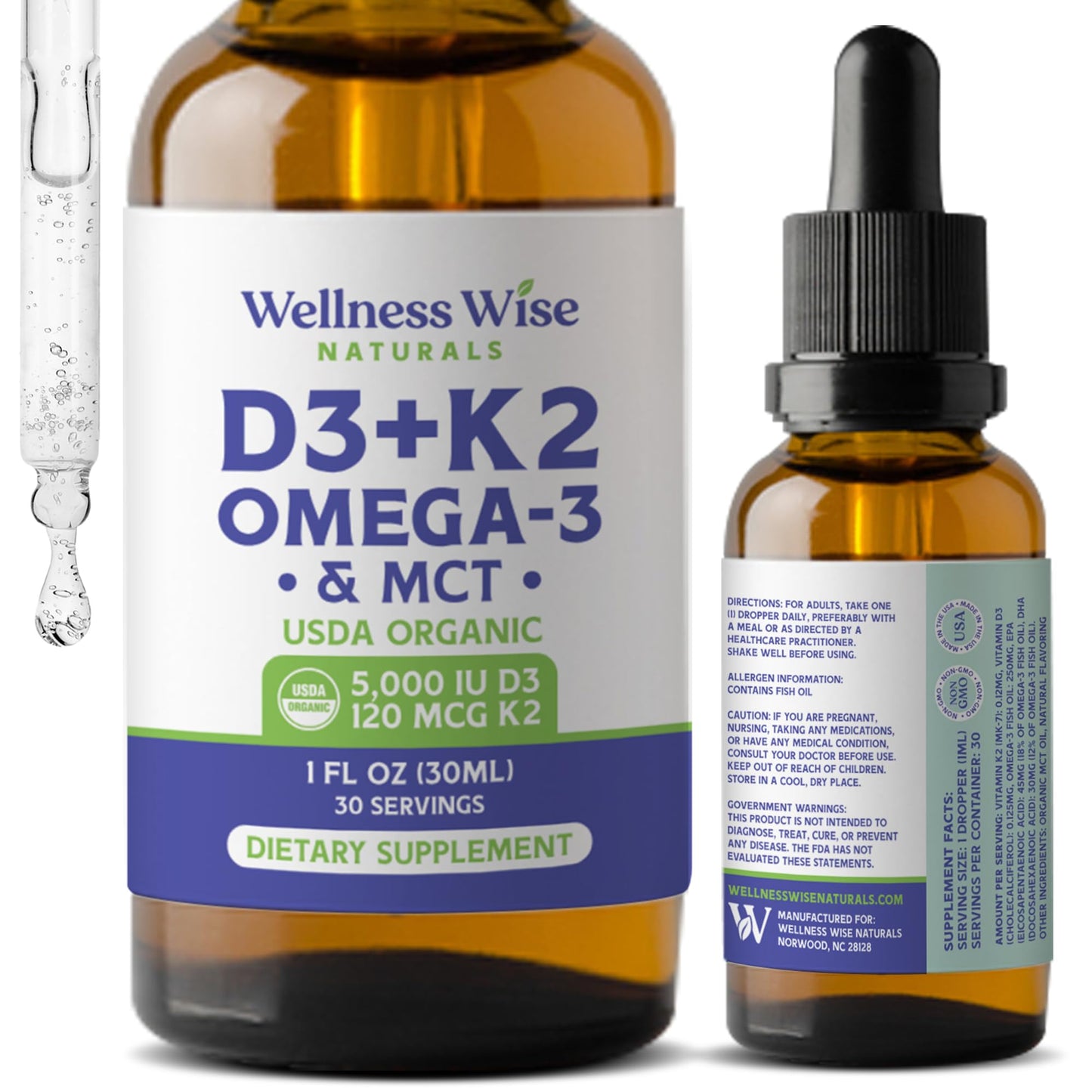 Wellness Wise Naturals Omega-3 + Vitamin D3 5000 IU with MK-7 K2 – Heart & Bone Support (1 fl oz)