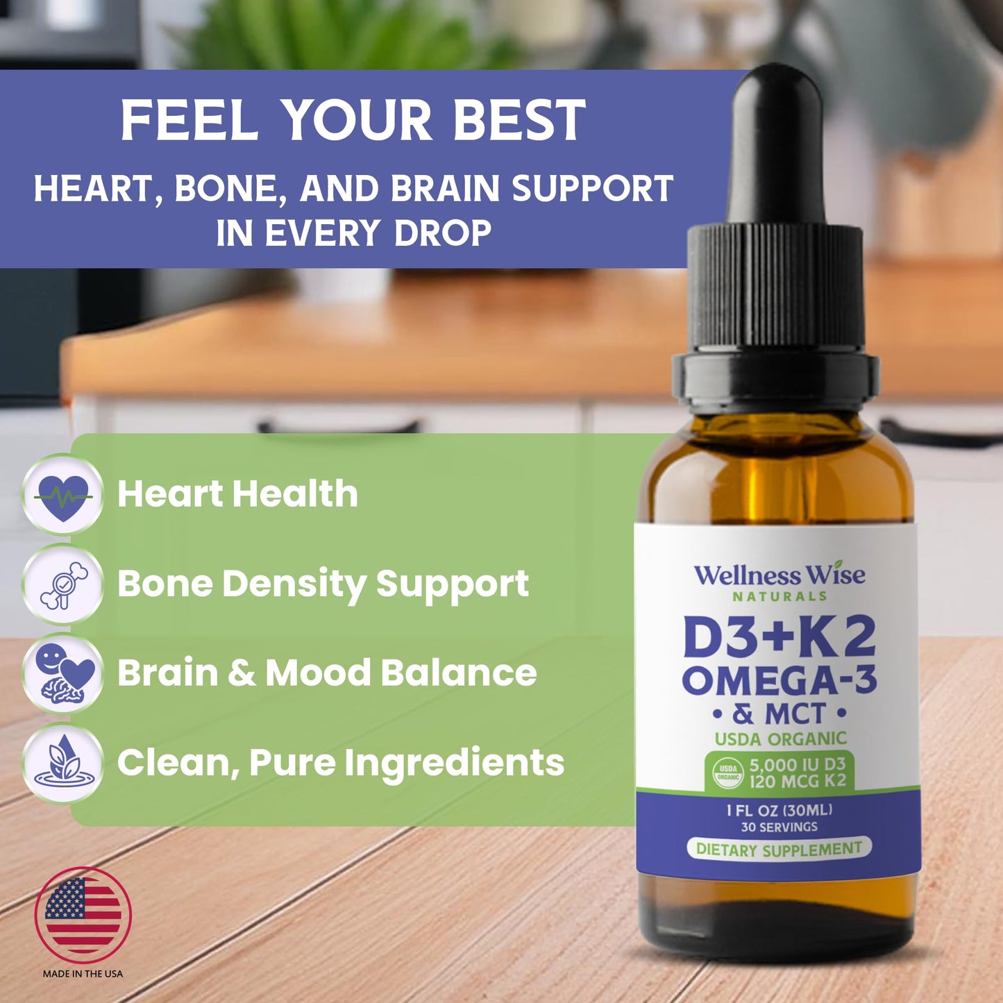 Wellness Wise Naturals Omega-3 + Vitamin D3 5000 IU with MK-7 K2 – Heart & Bone Support (1 fl oz)