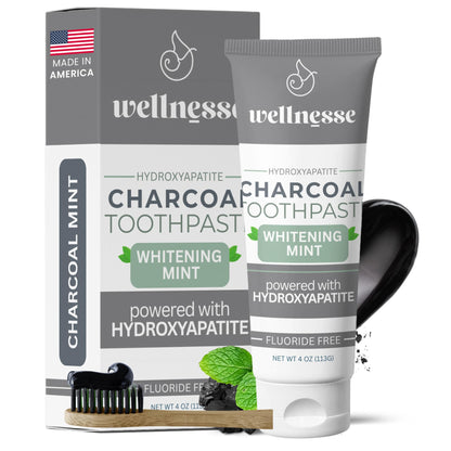 Wellnesse Activated Charcoal Toothpaste with Xylitol – Fluoride-Free, Mint, 4 oz