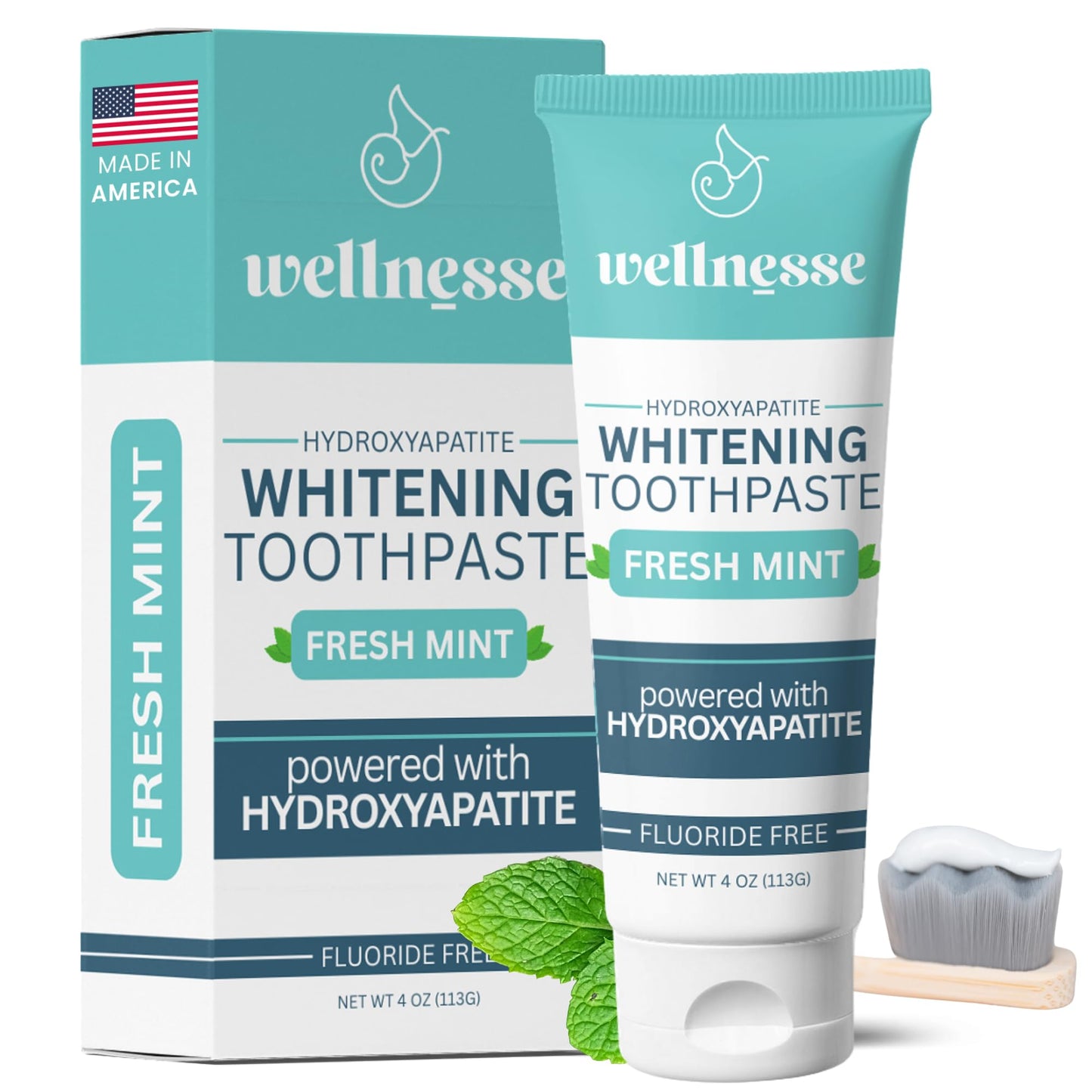 Wellnesse Whitening Hydroxyapatite Toothpaste – Fluoride-Free, Mint, 4 oz