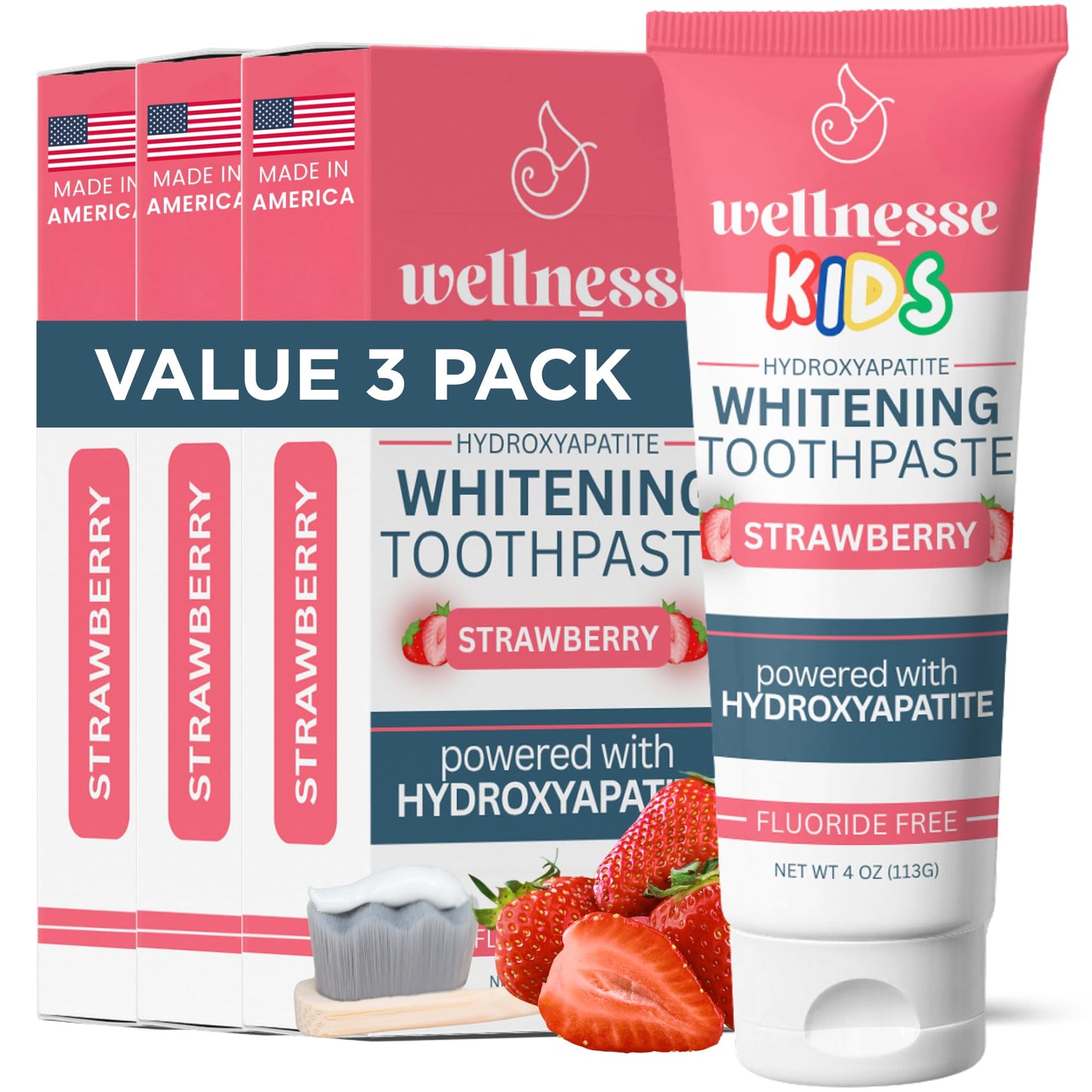 Wellnesse Kids Hydroxyapatite Toothpaste with Xylitol - Fluoride-Free Strawberry Flavor, 4 oz (Pack of 3) | Vegan & Sensory-Friendly