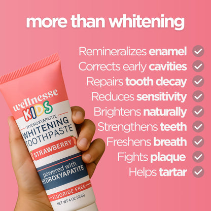 Wellnesse Kids Hydroxyapatite Toothpaste with Xylitol - Fluoride-Free Strawberry Flavor, 4 oz (Pack of 3) | Vegan & Sensory-Friendly