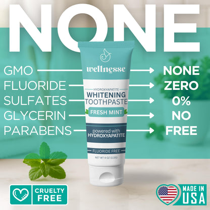 Wellnesse Whitening Hydroxyapatite Toothpaste – Fluoride-Free, Mint, 4 oz