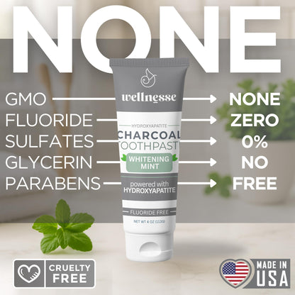 Wellnesse Activated Charcoal Toothpaste with Xylitol – Fluoride-Free, Mint, 4 oz