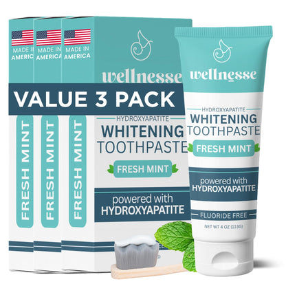 Wellnesse Whitening Toothpaste with Hydroxyapatite – Fluoride-Free, Xylitol, Enamel Strengthening (4 oz x 3)