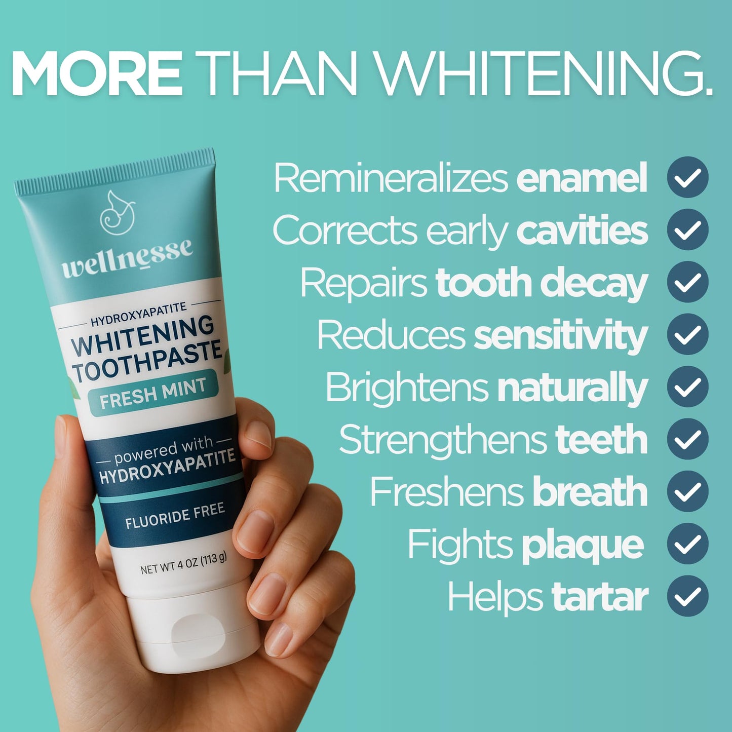 Wellnesse Whitening Toothpaste with Hydroxyapatite – Fluoride-Free, Xylitol, Enamel Strengthening (4 oz x 3)