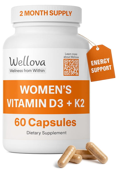 Wellova Women's D3 + K2 | Energy, Mood & Immune Support | 60 Caps