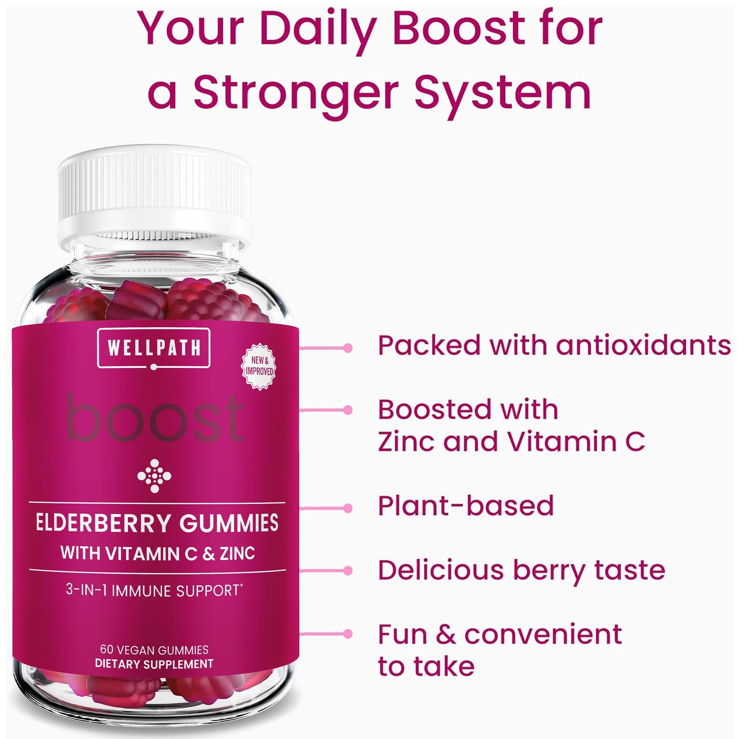 WellPath Boost Elderberry Gummies with Zinc & Vitamin C | Immune Support for Adults | 60 Ct