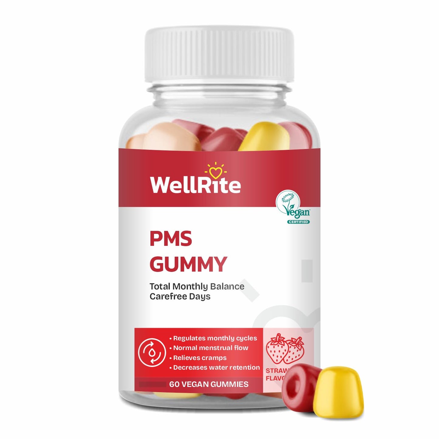 Wellrite PMS Gummy Vitamins – 60 Count, Strawberry, Vegan & Gelatin Free