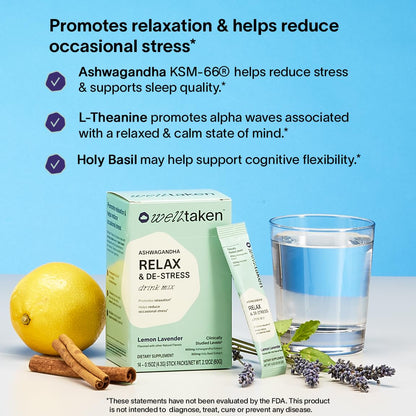 WellTaken Ashwagandha Relax & De-Stress Powder – Lemon Lavender (14 Servings)