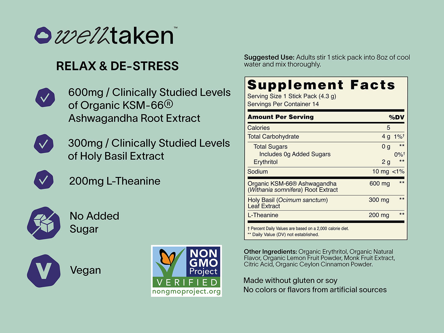 WellTaken Ashwagandha Relax & De-Stress Powder – Lemon Lavender (14 Servings)