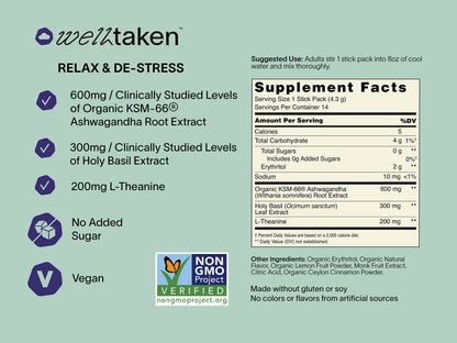 WellTaken Ashwagandha Relax & De-Stress Powder – Lemon Lavender (14 Servings)
