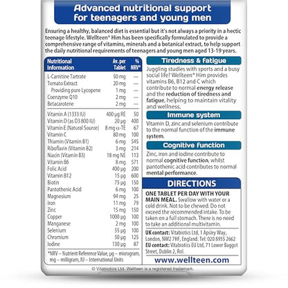 Wellteen by Vitabiotics Him Tablets x30 | 30 Pack | Cognitive & Immune Support