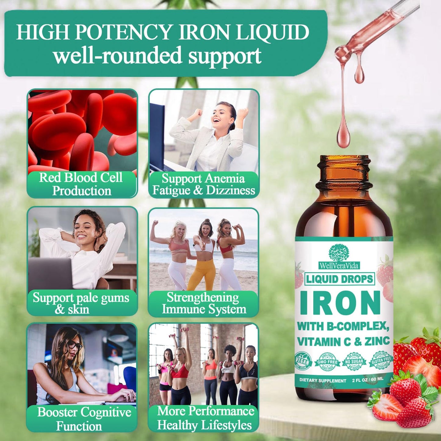 WellVeraVida Liquid Iron with Vitamin C, B-Complex & Multivitamin – Vegan Iron Drops