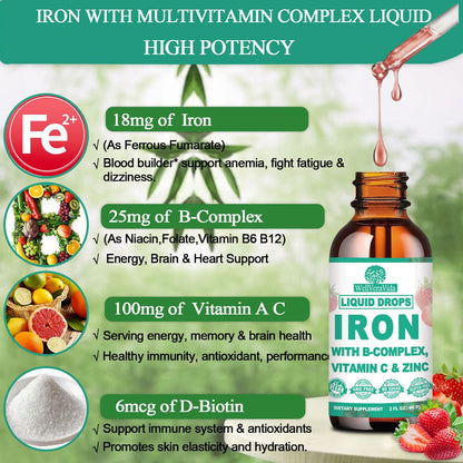 WellVeraVida Liquid Iron with Vitamin C, B-Complex & Multivitamin – Vegan Iron Drops