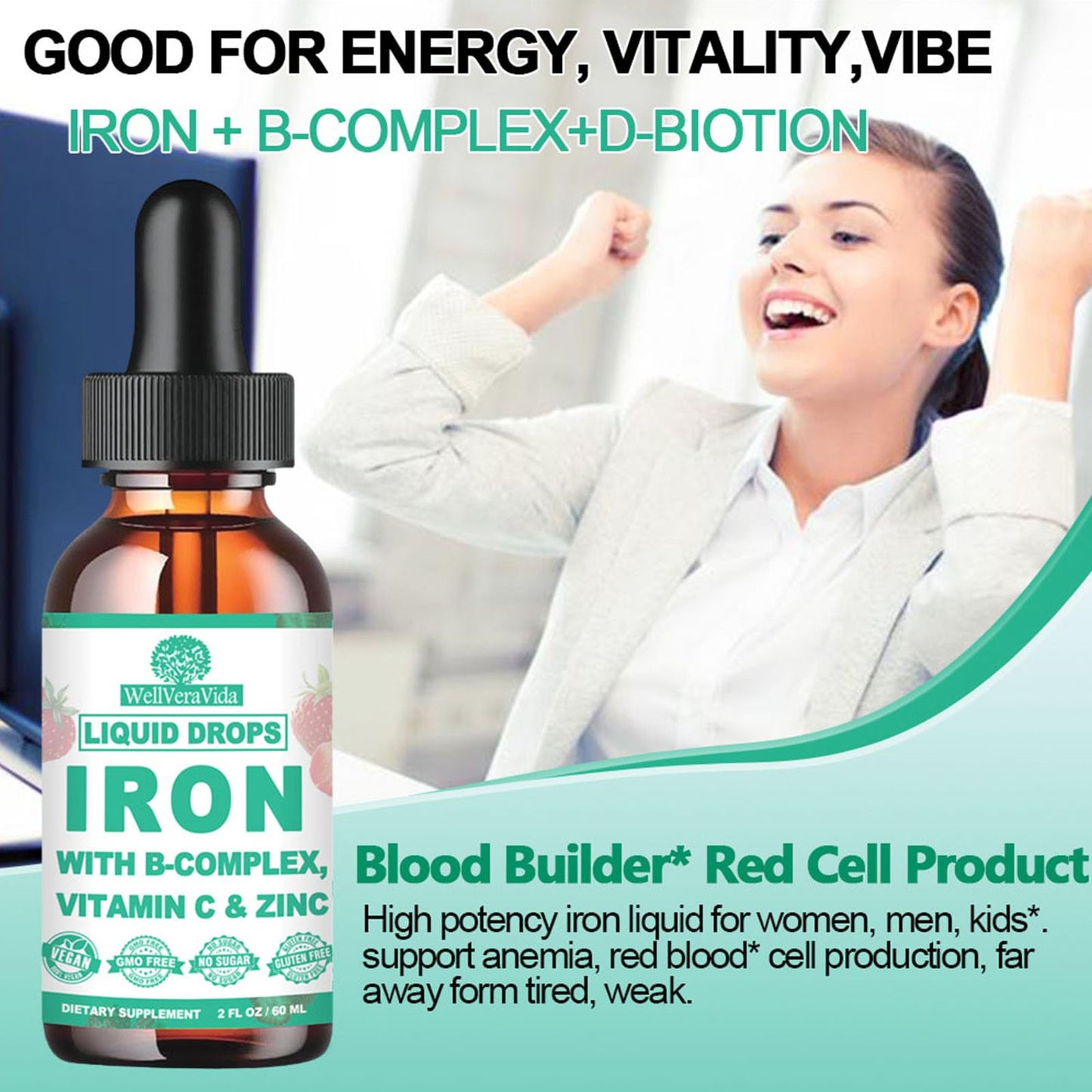WellVeraVida Liquid Iron with Vitamin C, B-Complex & Multivitamin – Vegan Iron Drops
