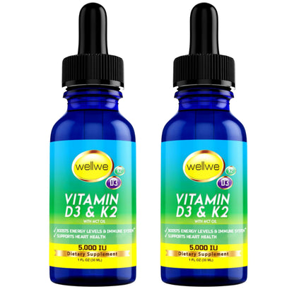 WellWe 2 Bottles Liquid Vitamin D3 K2 Drops 5000 IU with MCT Oil – Vegan D3 K2 Supplement, Unflavored, 2 oz