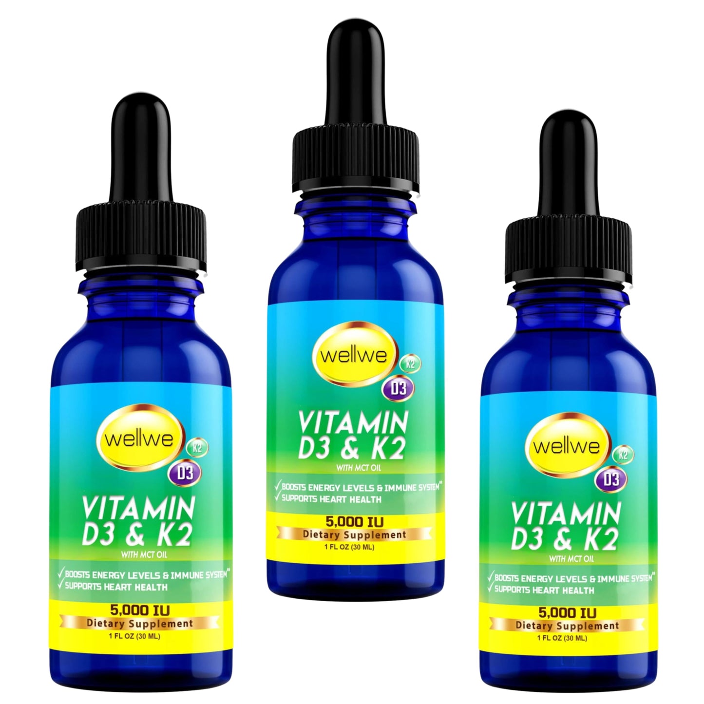 WellWe Liquid Vitamin D3 K2 Drops with MCT Oil – 5000 IU Daily, 3 Pack, Odorless, Vegan, Soy-Free