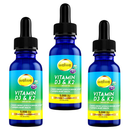 WellWe Liquid Vitamin D3 K2 Drops with MCT Oil – 5000 IU Daily, 3 Pack, Odorless, Vegan, Soy-Free