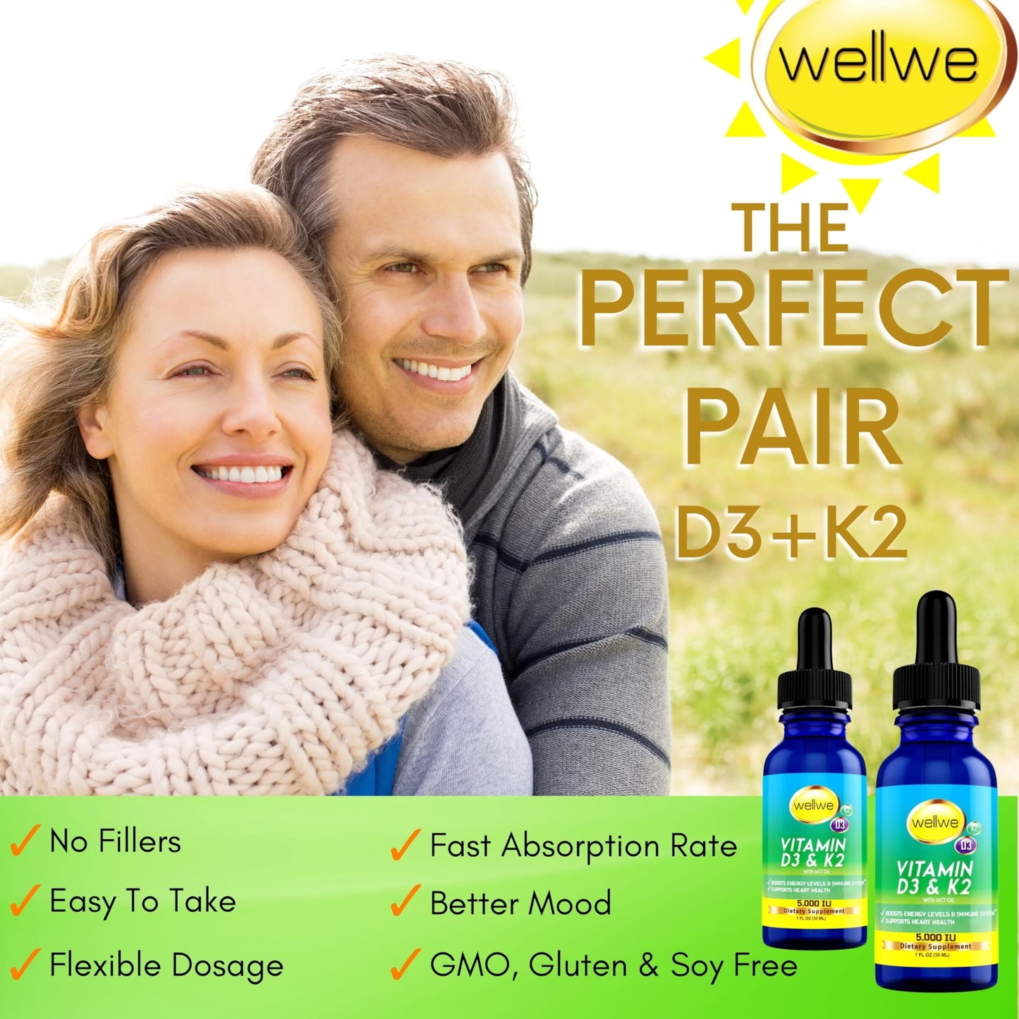 WellWe Liquid Vitamin D3 K2 Drops with MCT Oil – 5000 IU Daily, 3 Pack, Odorless, Vegan, Soy-Free