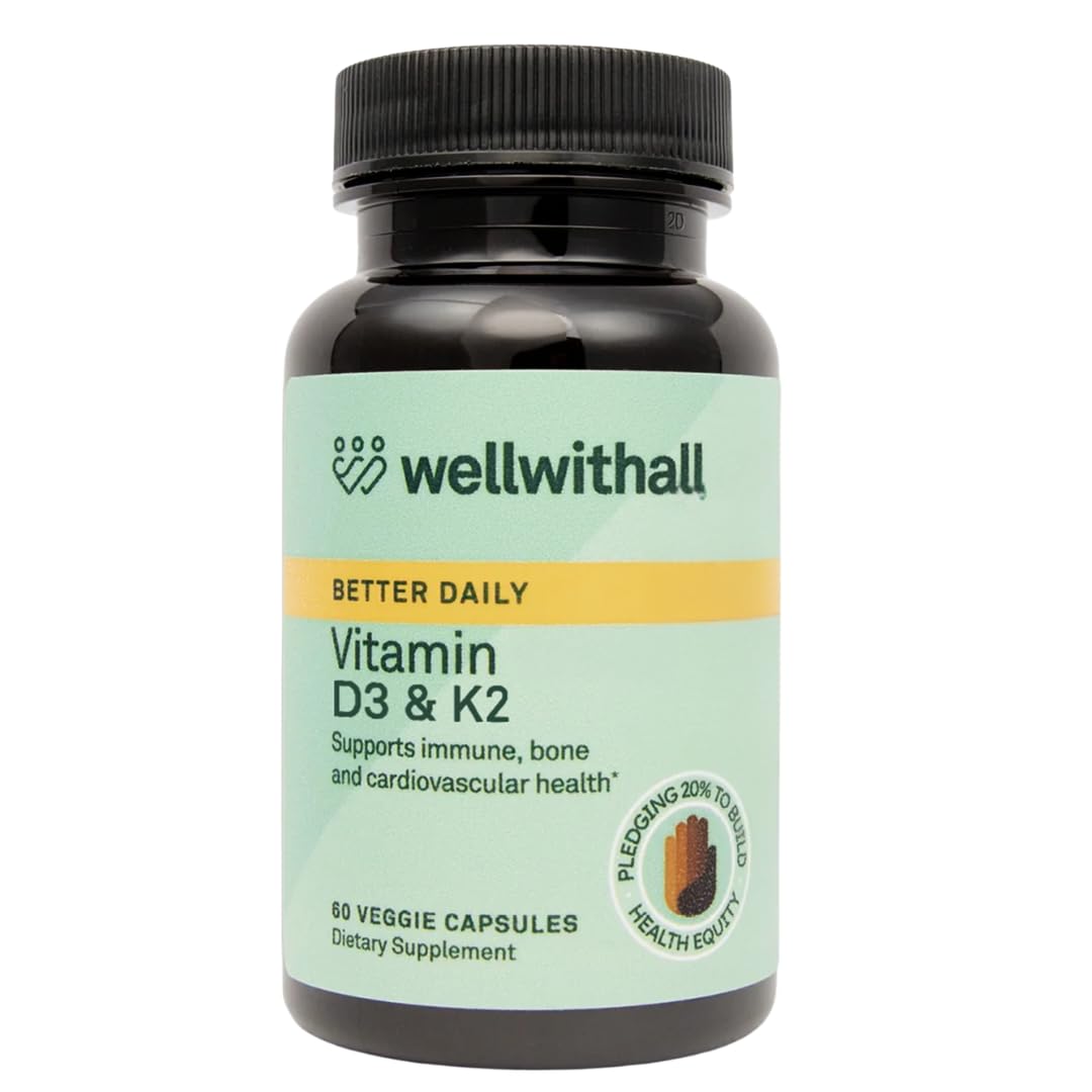 WellWithAll Vitamin D3 5000 IU + K2 100 mcg | Immune, Calcium & Cardiovascular Support | Plant-Based | 60-Day Supply