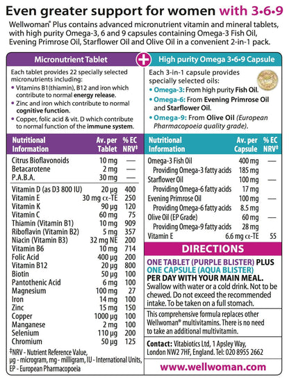 Vitabiotics Wellwoman Plus Tablets - 56 Capsules | Omega 3-6-9 Multivitamin