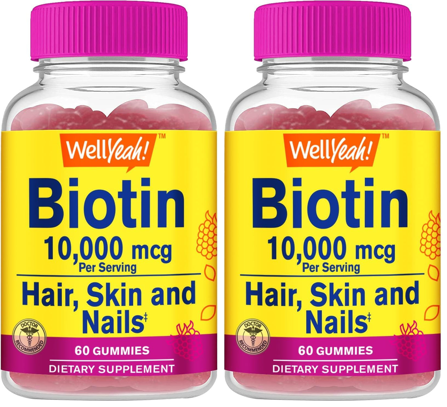 WellYeah Biotin 10,000 mcg Gummies – Stronger Hair, Skin & Nails (Berry) – Vegan, Gluten-Free, Non-GMO – 60 Gummies (Pack of 2)