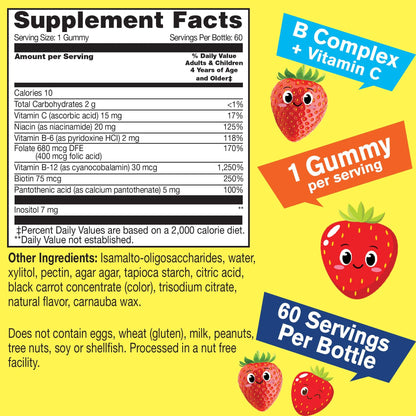 WellYeah Kids Vitamin B Complex Sugar-Free Gummies - Immune & Energy Support | Strawberry (60 Count x 2)