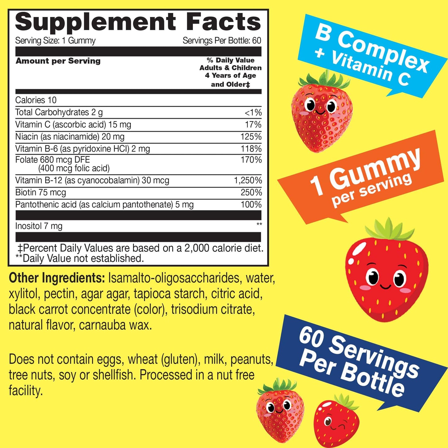 WellYeah Kids Vitamin B Complex Sugar Free Gummies | with Vitamin C, Folic Acid | Immune and Energy Support | Strawberry Flavor | 60 Count