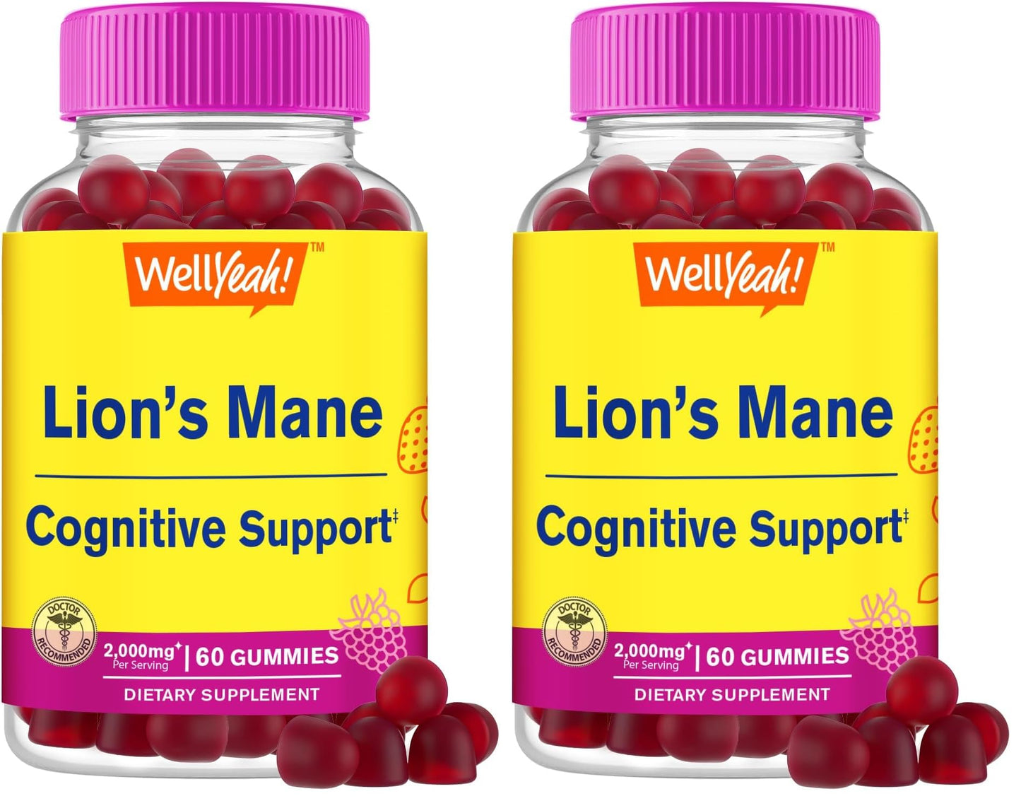 WellYeah Lions Mane Gummies for Adults – 2000mg per Serving, 60 Count (Pack of 2) – Gluten Free, Non-GMO, Berry Flavor
