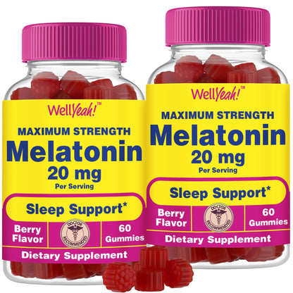 WellYeah Melatonin Gummies 20mg (2 Pack) – Sleep Support, 60 Count, Vegan