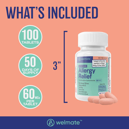 WELMATE Fexofenadine Hydrochloride 60mg (100 Tablets) | Non-Drowsy 12-Hour Allergy Relief