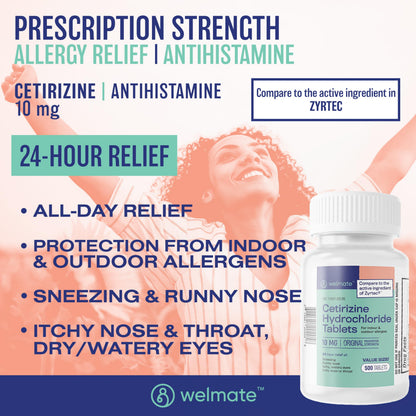 WELMATE Allergy Relief – Cetirizine 10mg, 24-Hour Non-Drowsy (500 Tabs)