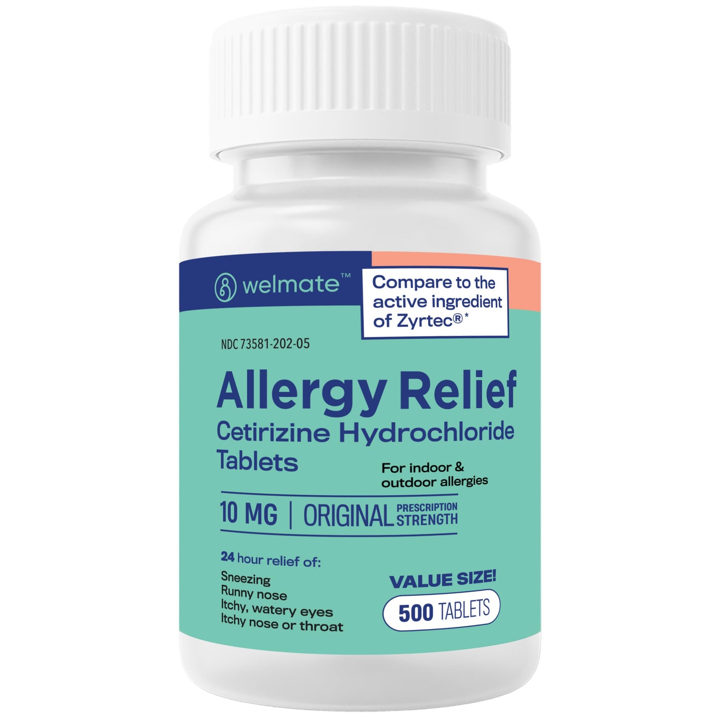 WELMATE Allergy Relief – Cetirizine 10mg, 24-Hour Non-Drowsy (500 Tabs)