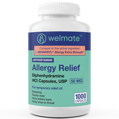 WELMATE Allergy Relief Diphenhydramine 50 mg — 1000 Count Capsules | Antihistamine for Sneezing, Runny Nose & Itchy Eyes