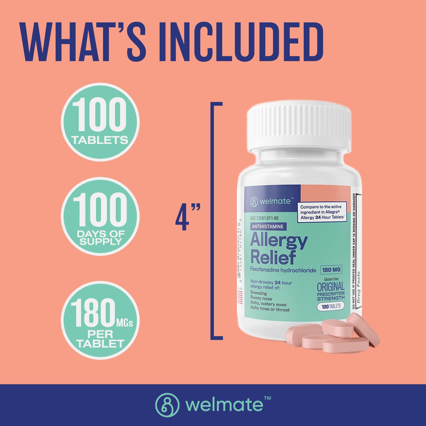 WELMATE Allergy Relief - Fexofenadine HCl 180 mg | 24 Hour Non-Drowsy Antihistamine | 100 Count