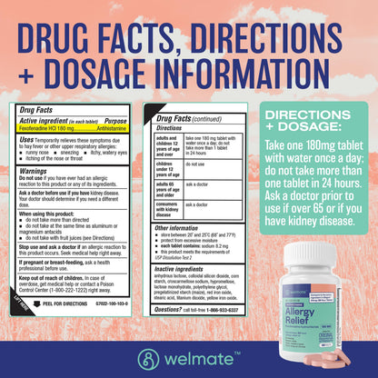 WELMATE Allergy Relief - Fexofenadine HCl 180 mg | 24 Hour Non-Drowsy Antihistamine | 100 Count