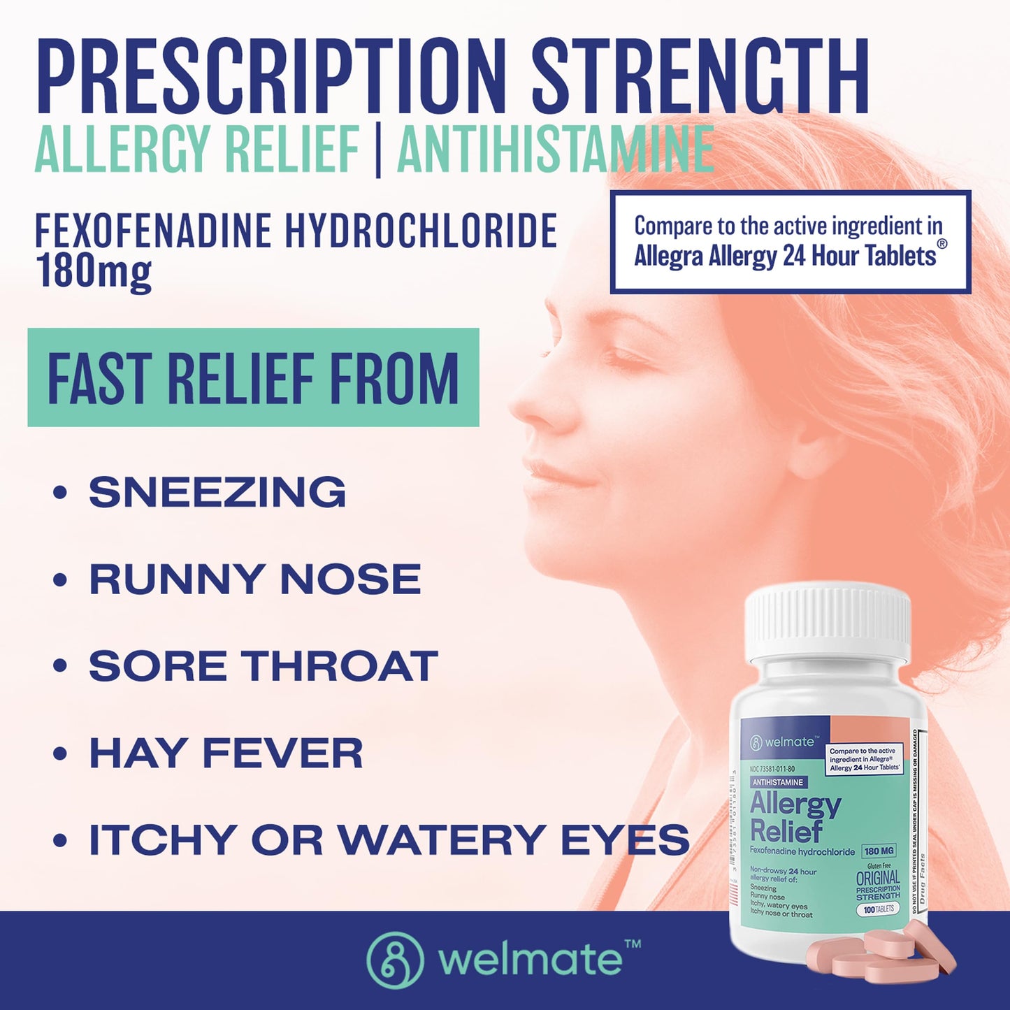 WELMATE Allergy Relief - Fexofenadine HCl 180 mg | 24 Hour Non-Drowsy Antihistamine | 100 Count