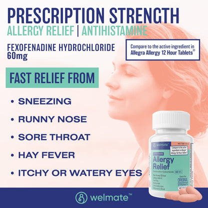WELMATE Fexofenadine Hydrochloride 60mg (100 Tablets) | Non-Drowsy 12-Hour Allergy Relief