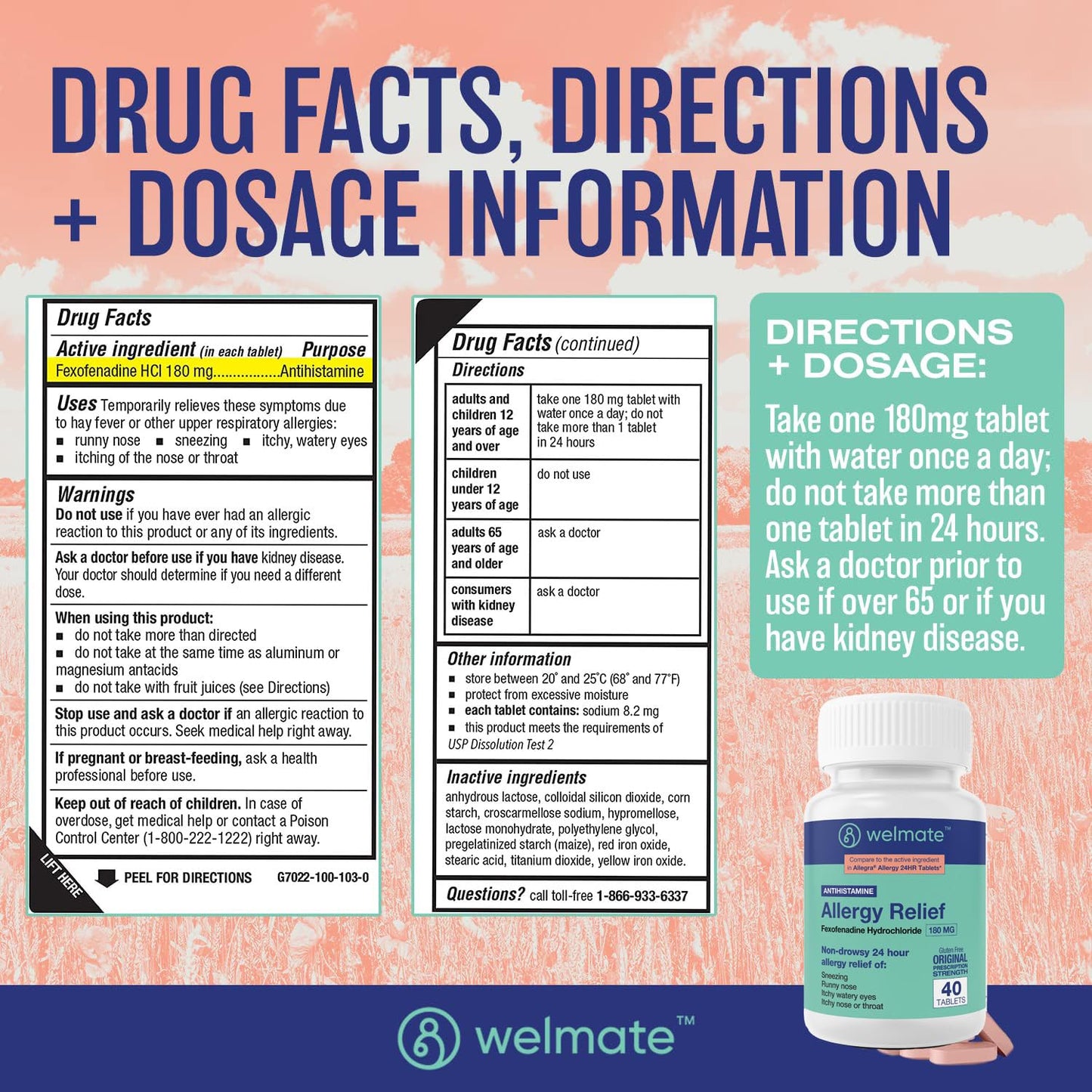 WELMATE Allergy Relief – Fexofenadine HCl 180 mg, 24 Hour Non-Drowsy – 40 Count