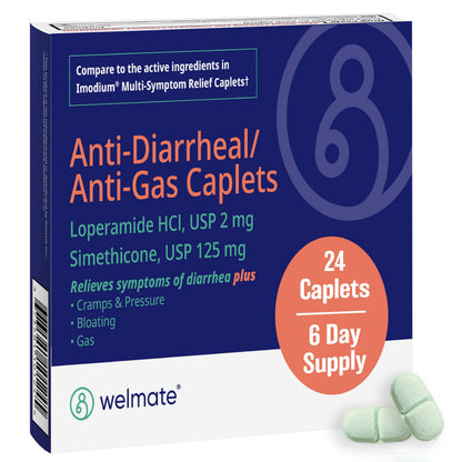 WELMATE Anti-Diarrheal & Anti-Gas Caplets (24 Count) – Loperamide HCl 2mg + Simethicone 125mg | OTC Relief