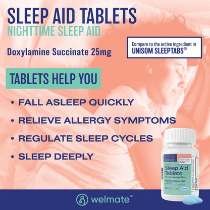 WELMATE Nighttime Sleep Aid 25 mg Doxylamine Succinate | 100 Tablets | Adults & 12+