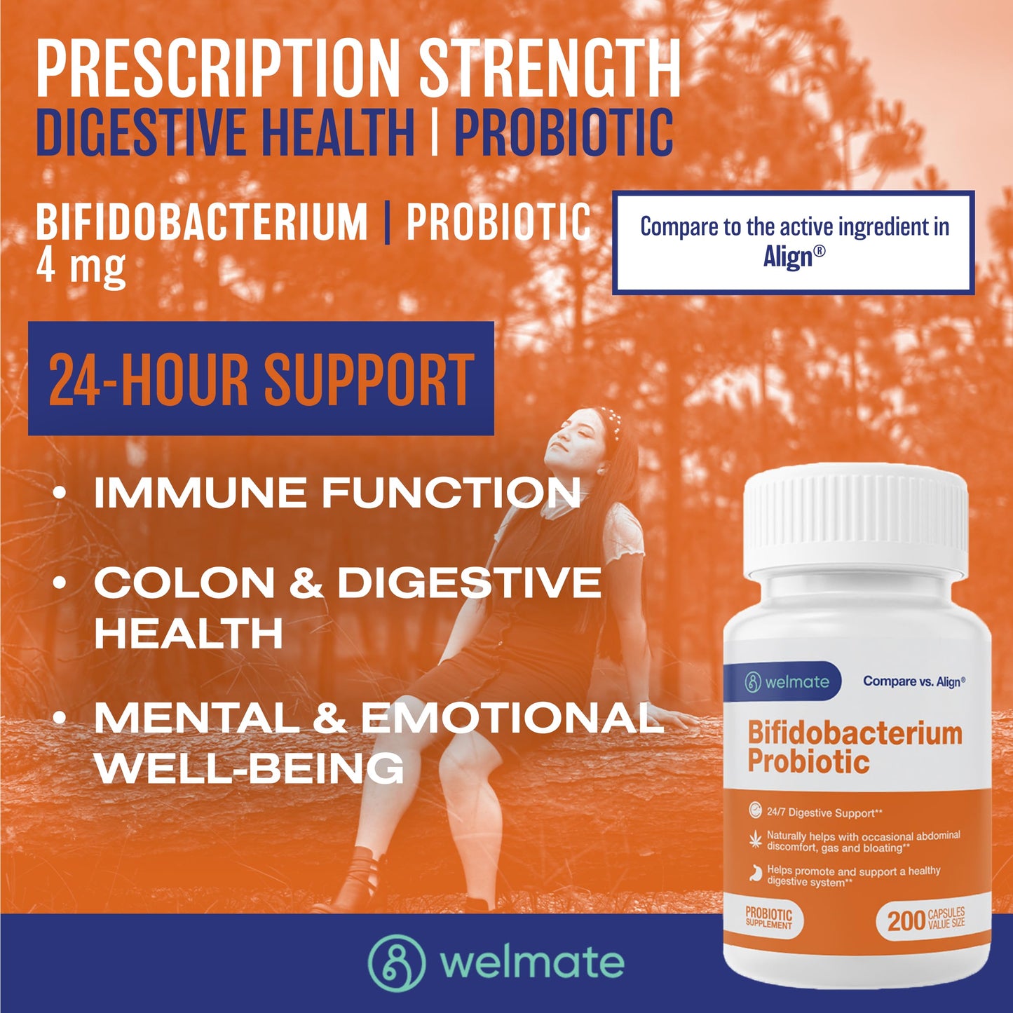 WELMATE Bifidobacterium Probiotic – Gut & Immune Support | 200 Count