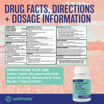 WELMATE Esomeprazole Magnesium 20 mg — 84 Capsules (6 Bottles) | Delayed-Release Heartburn Relief