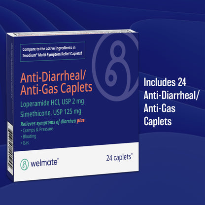WELMATE Anti-Diarrheal & Anti-Gas Caplets (24 Count) – Loperamide HCl 2mg + Simethicone 125mg | OTC Relief