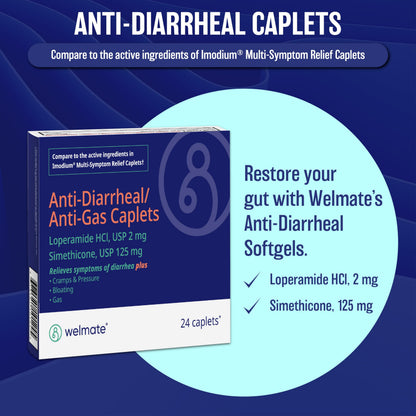 WELMATE Anti-Diarrheal & Anti-Gas Caplets (24 Count) – Loperamide HCl 2mg + Simethicone 125mg | OTC Relief