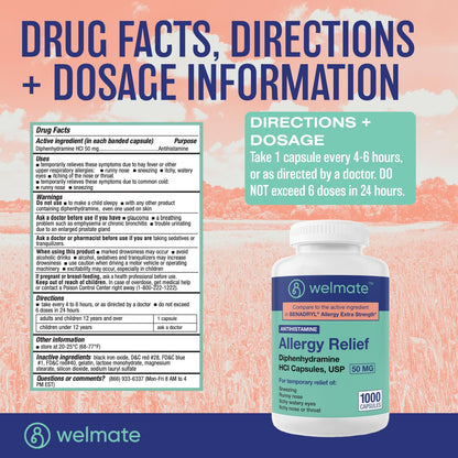 WELMATE Allergy Relief Diphenhydramine 50 mg — 1000 Count Capsules | Antihistamine for Sneezing, Runny Nose & Itchy Eyes