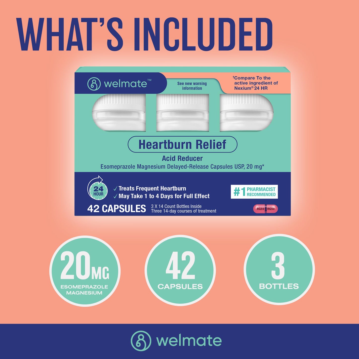 WELMATE Esomeprazole Magnesium 20 mg — 84 Capsules (6 Bottles) | Delayed-Release Heartburn Relief